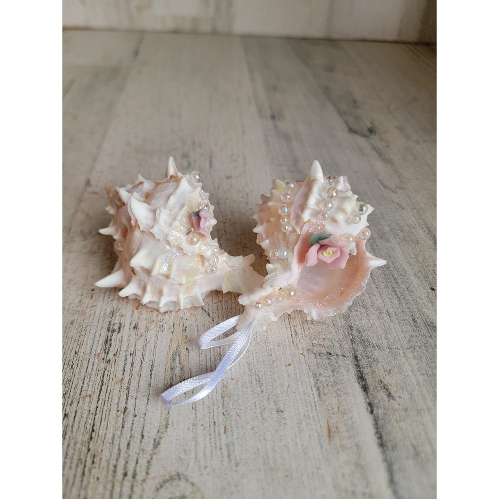 Vintage ocean pink shell sea rose ornament Xmas set glitter home